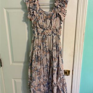 Fate Paisley Midi Dress in Blue and Cream with Ruffle Sleeves